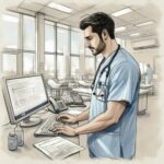 Male nurse inputting notes on computer - sketch drawing