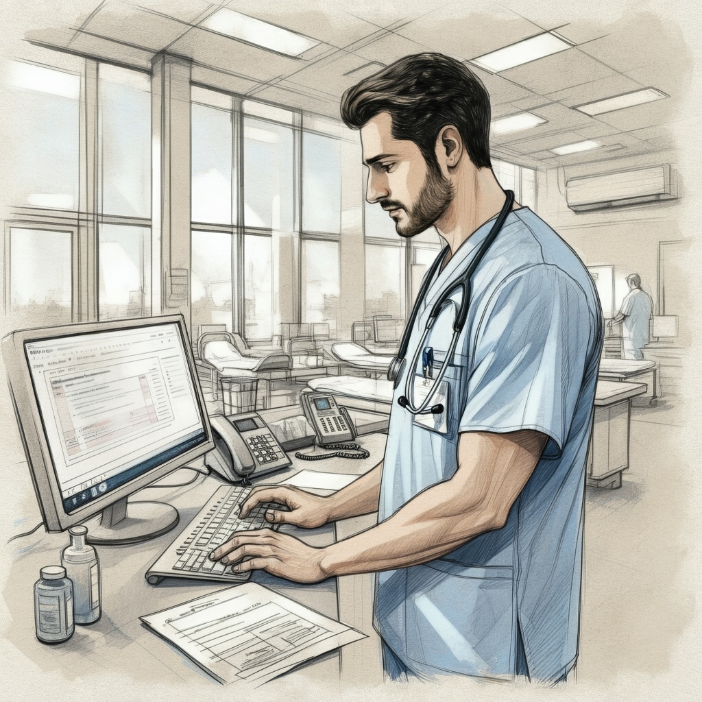 Male nurse inputting notes on computer - sketch drawing