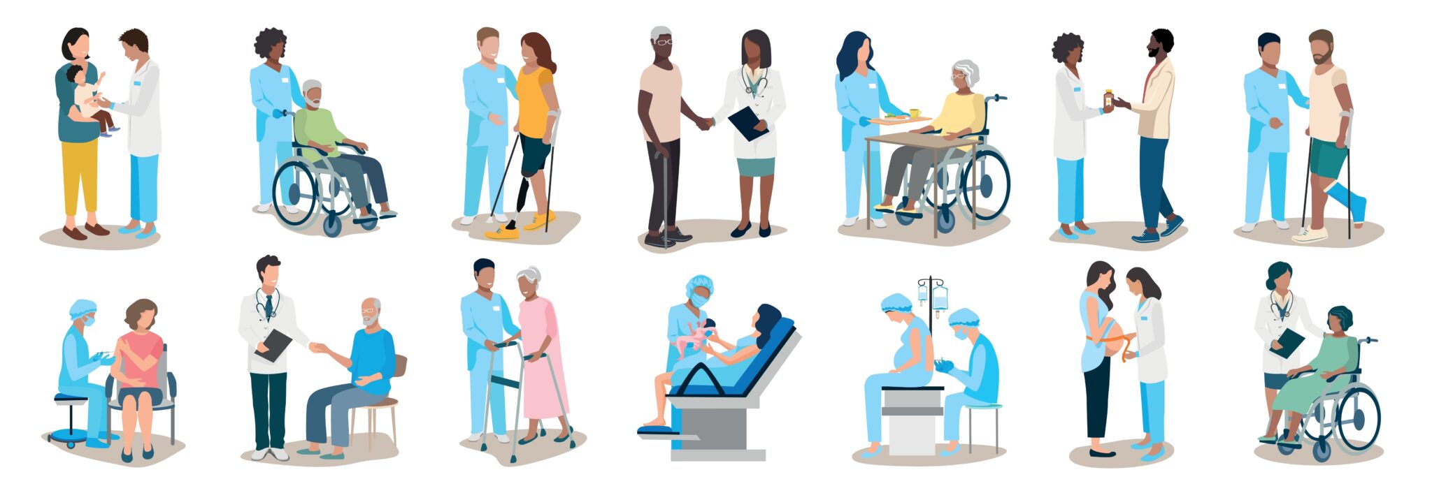Graphic depictions of various nurse practitioner specialties attending to patients