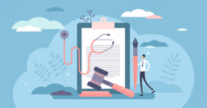 vector image of clipboard with gavel, medical imagery